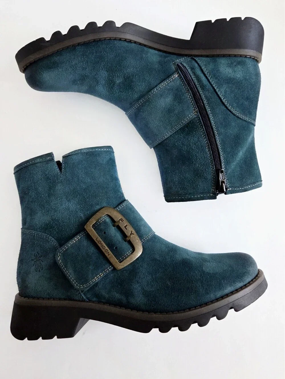 NWOT Fly London Rily Bootie "Oil Suede Petrol" / Teal, Big Buckle Sz 40, 9-9.5 - Picture 4 of 15